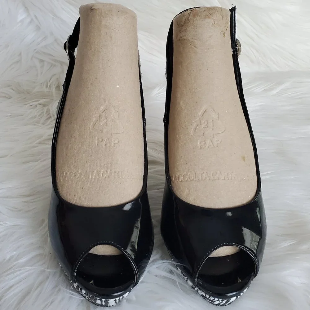 Audrey Brooke Black/White Espadrilles Peep Toe Wedge Sandals SZ 8